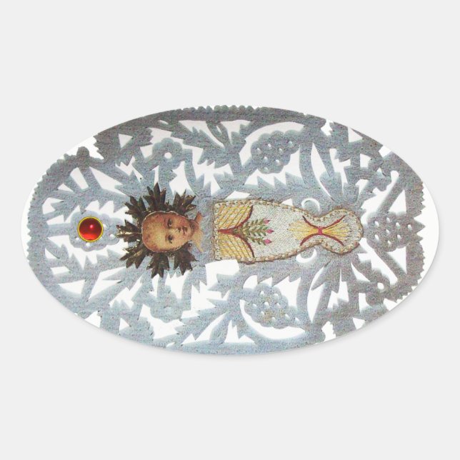 Child Jesus,Antique Christmas Paper Carving Ruby Oval Sticker (Front)