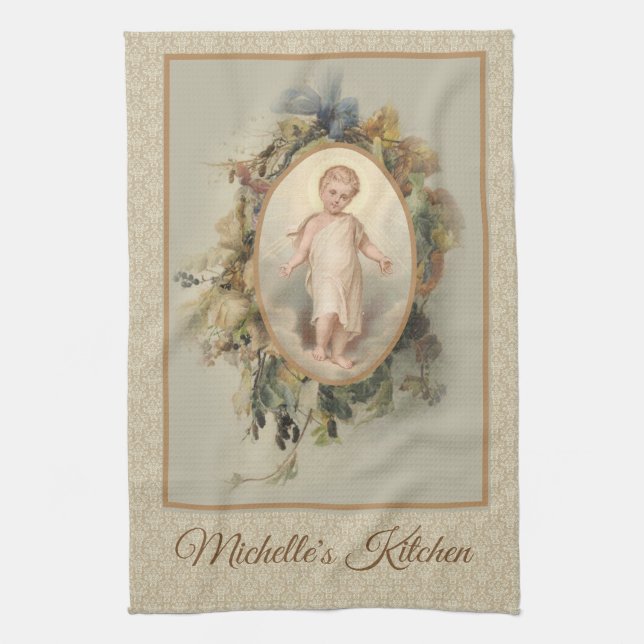 Child Jesus Autumn Floral Tea Towel (Vertical)