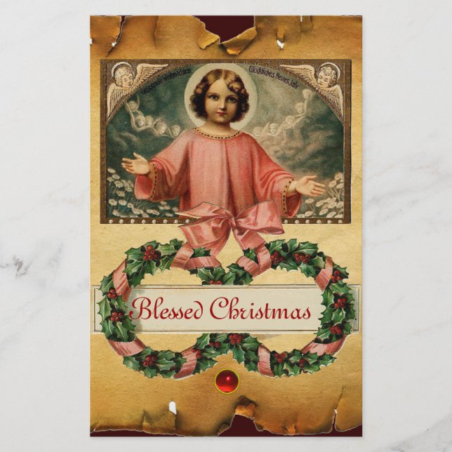 CHILD JESUS WITH ANGELS AND CHRISMAS CROWNS STATIONERY (Front)