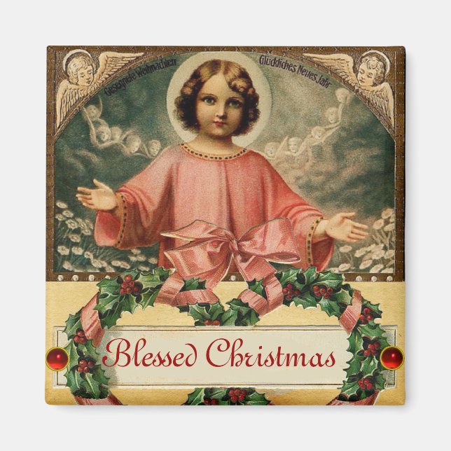 CHILD JESUS WITH ANGELS AND CHRISTMAS CROWNS MAGNET (Front)