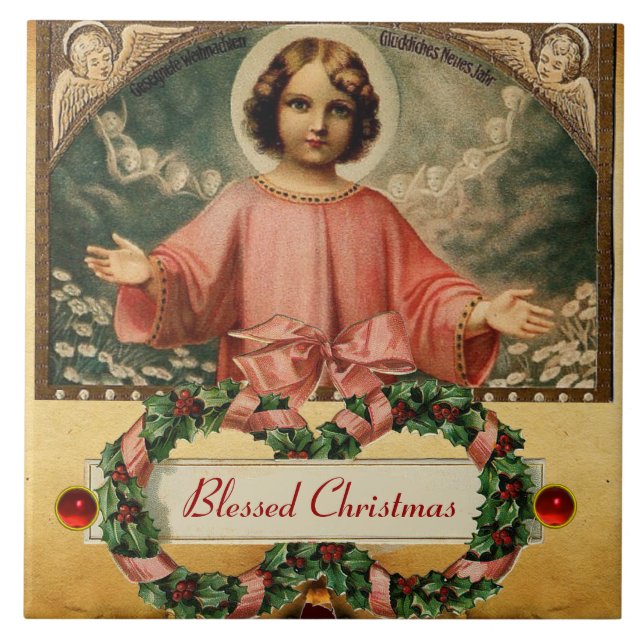 CHILD JESUS WITH ANGELS AND CHRISTMAS CROWNS TILE (Front)