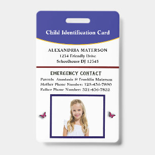 Child Kid ID Identification Emergency Card  Badge
