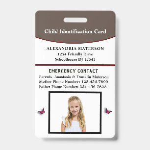 Child Kid ID Identification Emergency Card Badge