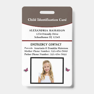 Child Kid ID Identification Emergency Card Badge