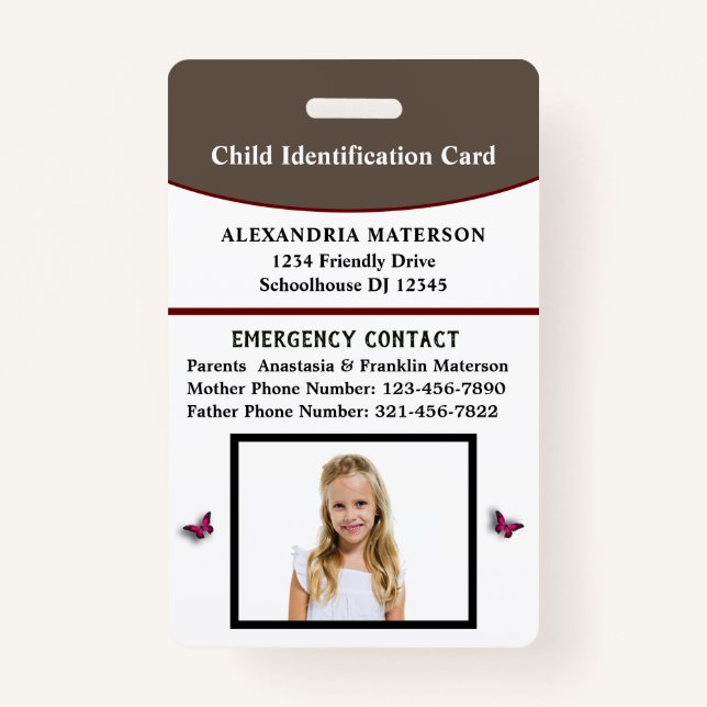 Child Kid ID Identification Emergency Card  ID Badge (Front)