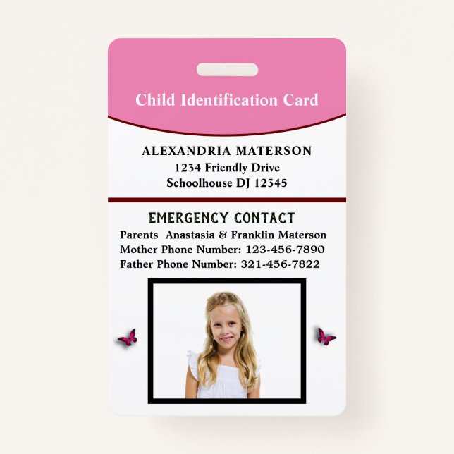 Child Kid ID Identification Emergency Card  ID Badge (Front)