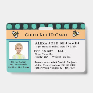 Child Kid ID Identification Personalise Card Badge