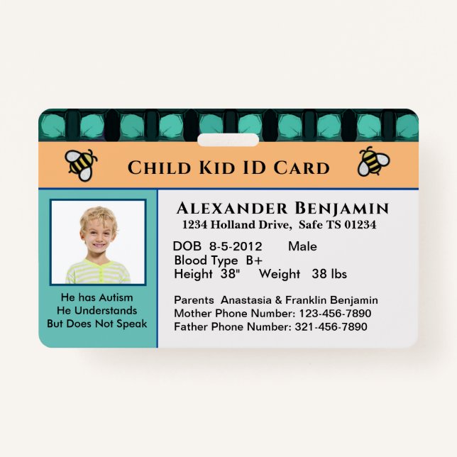 Child Kid ID Identification Personalise Card  ID Badge (Front)