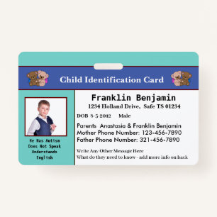Child Kids Photo ID Identification Card Custom  ID Badge