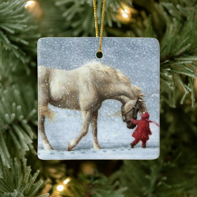 Child Leading A Horse In The Snow Holiday Ceramic Ornament (Tree)