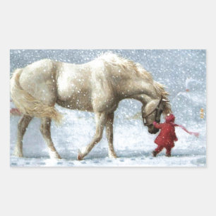 Child Leading A Horse In The Snow Rectangular Sticker
