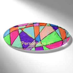 Child like multiple coloured crayon triangles name tag