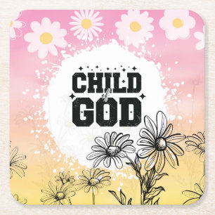Child of God Daisy Gradient Floral Christian Square Paper Coaster