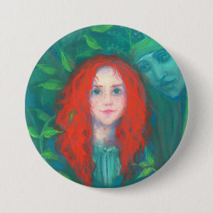 Child of the forest, fantasy art ginger girl green 7.5 cm round badge