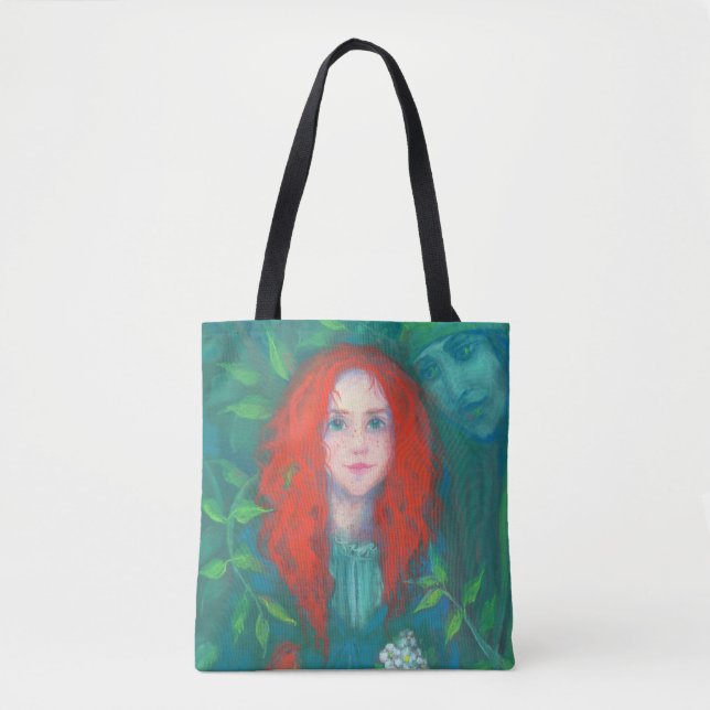 Child of the forest, fantasy art ginger girl green tote bag (Front)