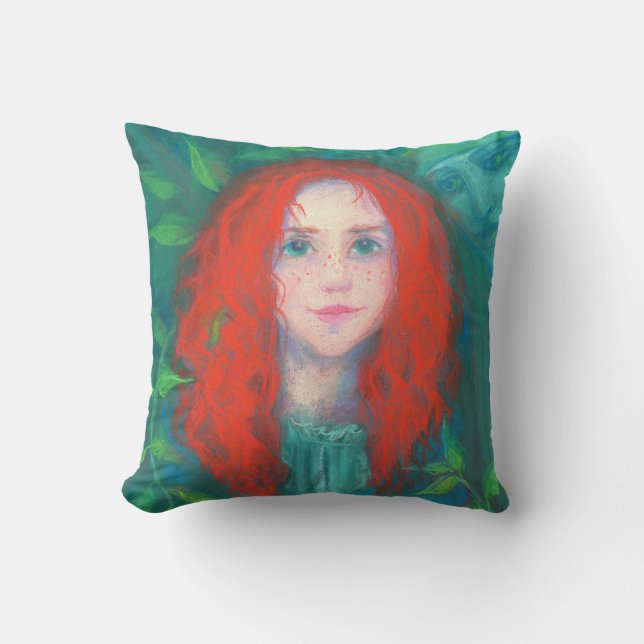 Child of the forest, red haired girl, green shades cushion (Front)