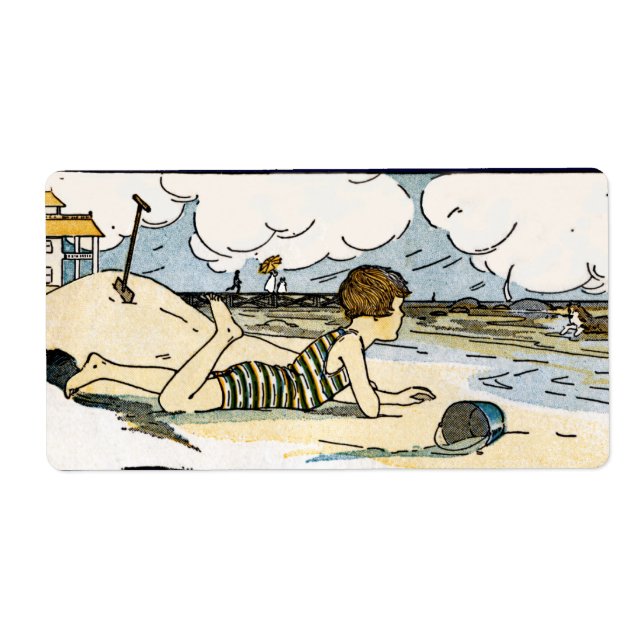 Child on Beach Vintage Art Labels (Front)