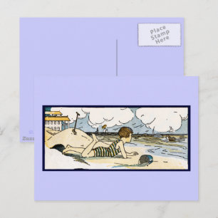 Child on Beach Vintage Art Postcard