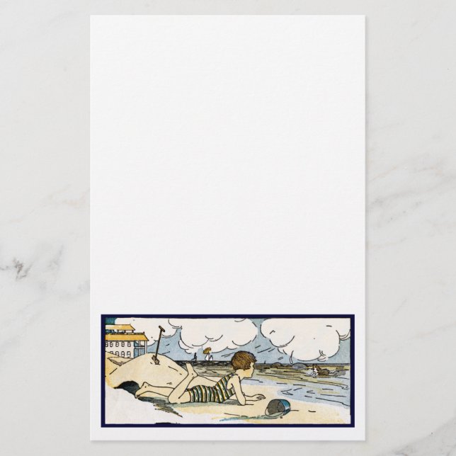 Child on Beach Vintage Art Stationery (Front)