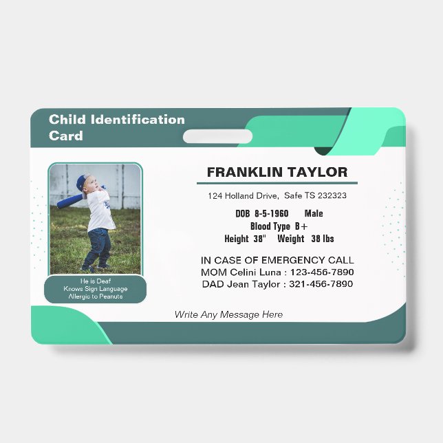 Child Photo Emergency ID Identification Card Badge (Front)