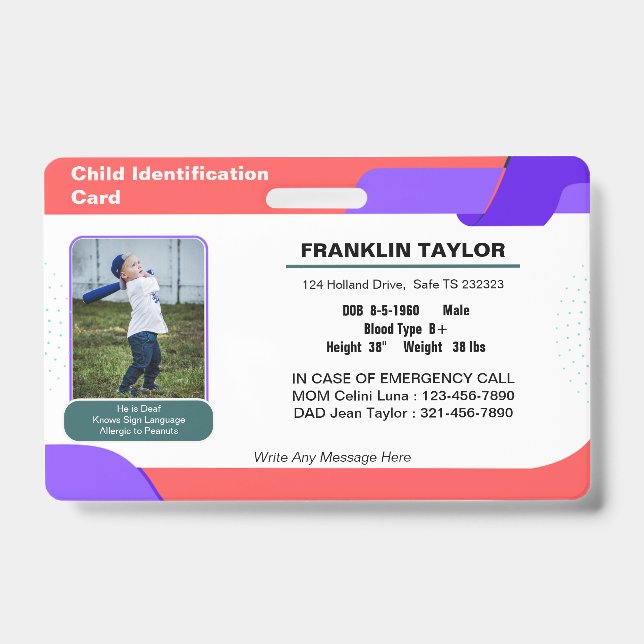 Child Photo Emergency ID Identification Card Badge (Front)