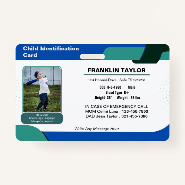 Child Photo Emergency ID Identification Card Badge ID Badge (Front)