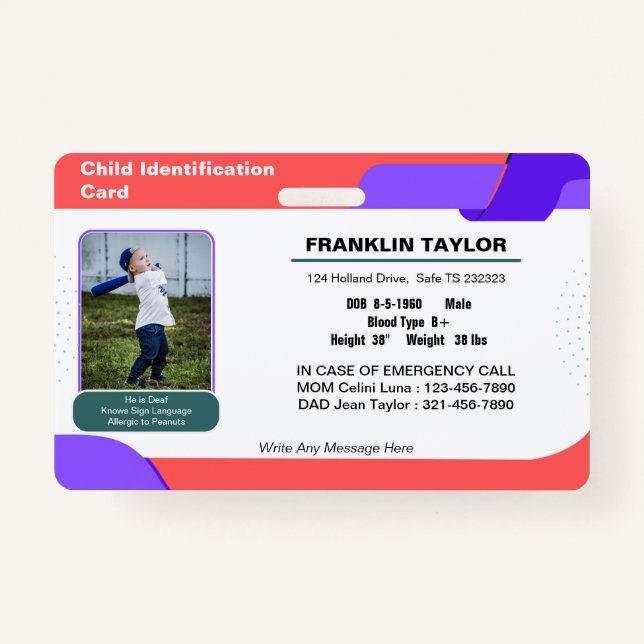 Child Photo Emergency ID Identification Card Badge ID Badge (Front)