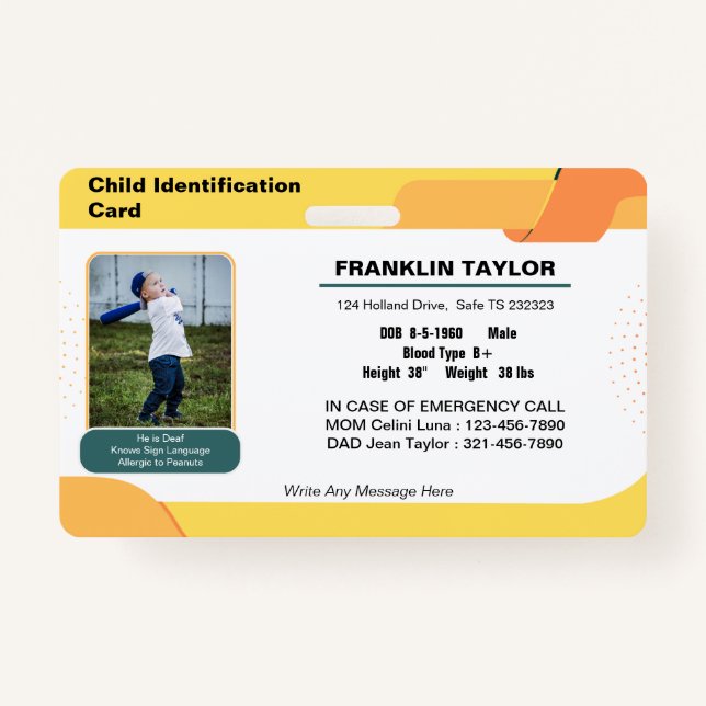 Child Photo Emergency ID Identification Card Badge ID Badge (Front)