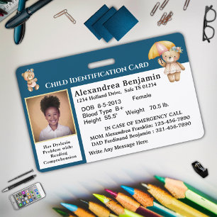 Child Photo Emergency ID Identification Card  ID Badge