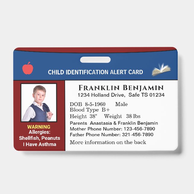 Child Photo ID Identification Alert Card Custom  Badge (Front)