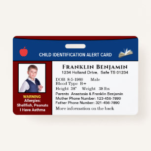 Child Photo ID Identification Alert Card Custom  ID Badge