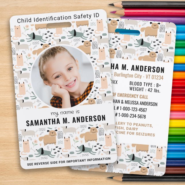 Child Photo Identification Safety Dog Pattern Kids ID Badge (Creator Uploaded)