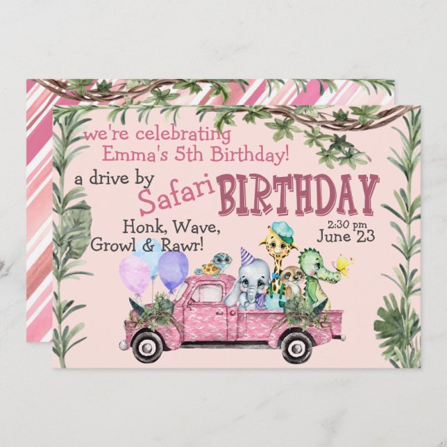 Child Pink Safari Happy Birthday Parade Invitation (Front/Back)