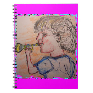 child playing toy horn notebook
