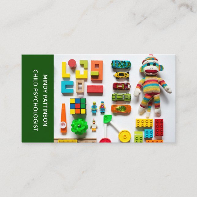 Child Psychologist Play Therapy Toys Photo Green Business Card (Front)