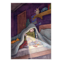 Child Reading Book Under Blanket With Flashlight