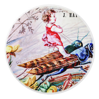 Child Riding Grasshoppers Ceramic Knob