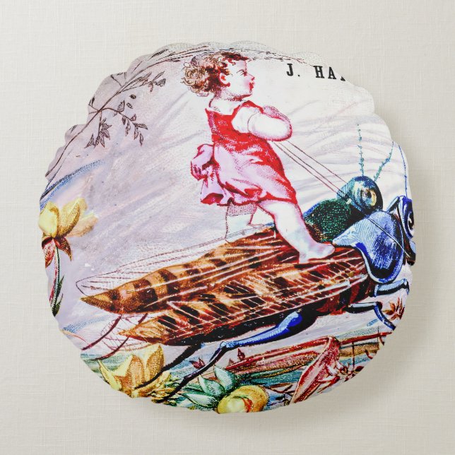 Child Riding Grasshoppers Round Cushion (Front)