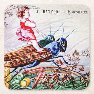 Child Riding Grasshoppers Square Paper Coaster