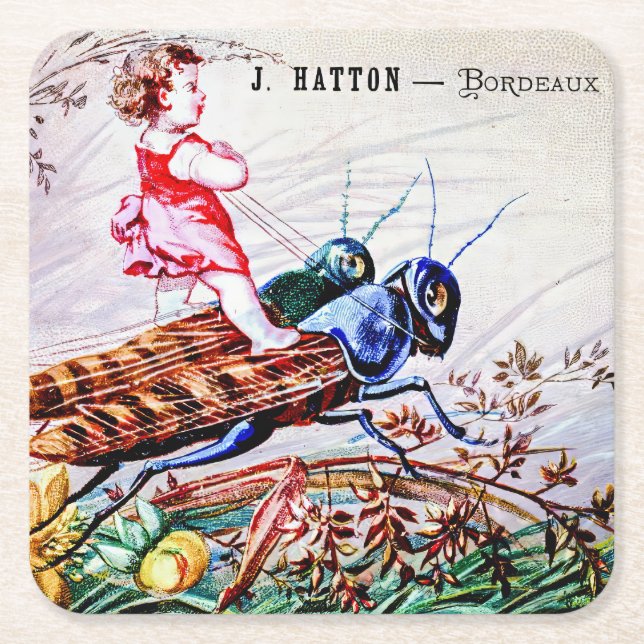 Child Riding Grasshoppers Square Paper Coaster (Front)