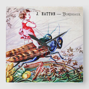 Child Riding Grasshoppers Square Wall Clock