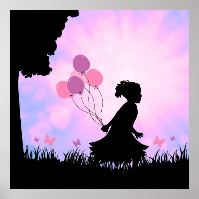 Child Silhouette Balloons Butterflies Wall Art (Front)