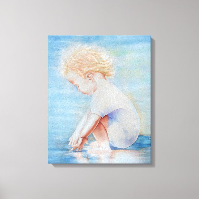Child toddler on beach lakefront water scene  canvas print (Front)