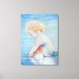 Child toddler on beach lakefront water scene  canvas print