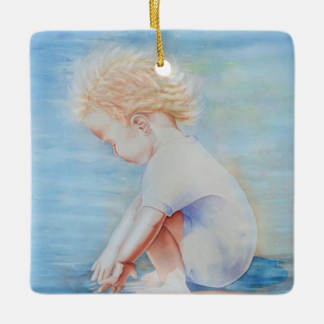 Child toddler on beach lakefront water scene  ceramic ornament (Front)