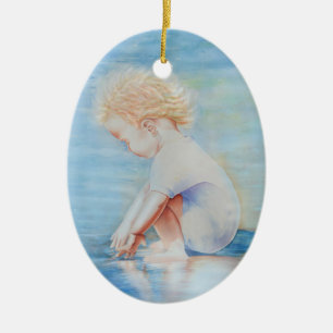 Child toddler on beach lakefront water scene  ceramic tree decoration