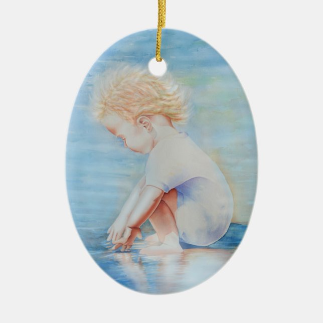 Child toddler on beach lakefront water scene  ceramic tree decoration (Front)