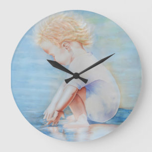 Child toddler on beach lakefront water scene large clock