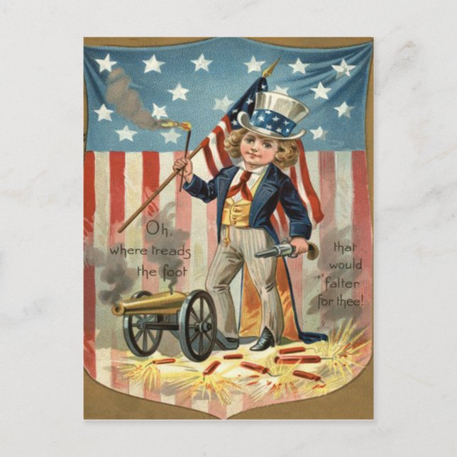 Child Uncle Sam Cannon Fire US Flag Postcard (Front)