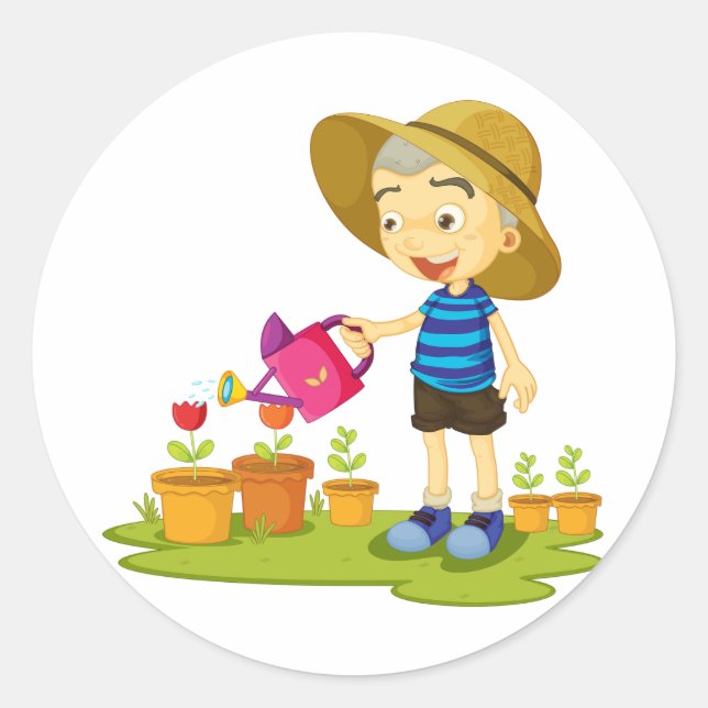 Child Watering Plants Stickers (Front)